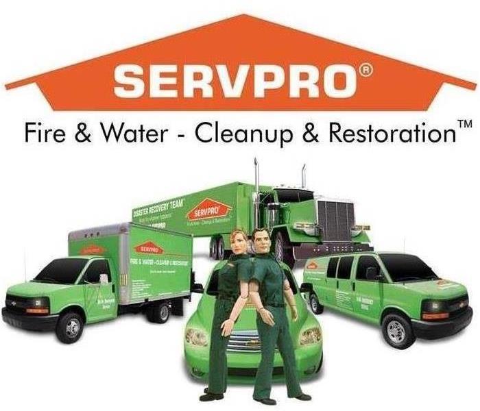 SERVPRO logo and cartoon techs in front of SERVPRO vans